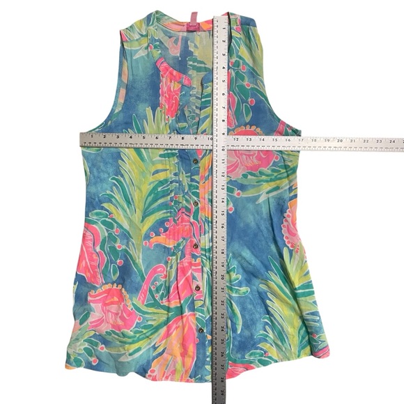 Lilly Pulitzer Sleeveless Floral and Flamingo Print Shell in Blue and Pink - Picture 4 of 9